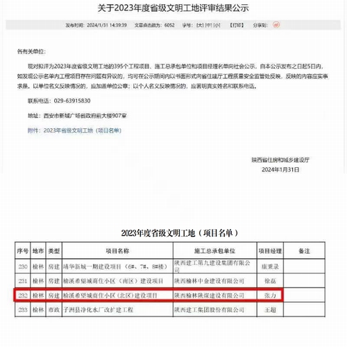 陕煤建设榆林公司承建的榆溪希望城商住小区(北区)建设项目喜获省级文明工地