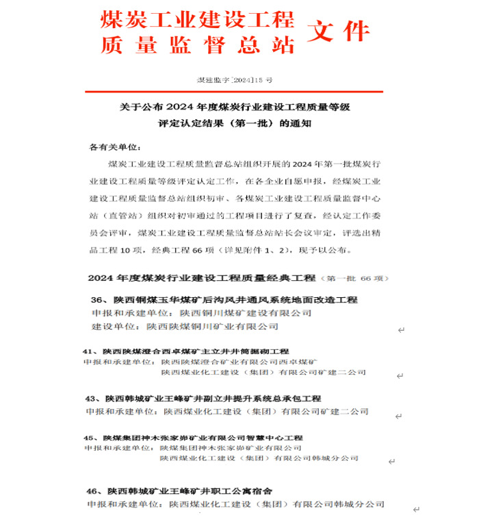 卓越“质”造!陕煤建设9项工程喜获煤炭行业建设工程质量经典工程