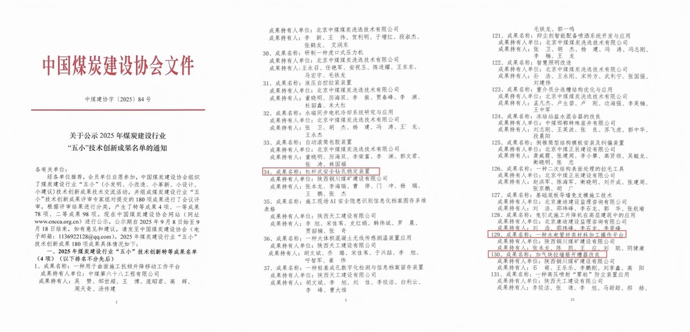 陕煤建设铜煤公司3项“五小”成果斩获煤炭建设行业荣誉