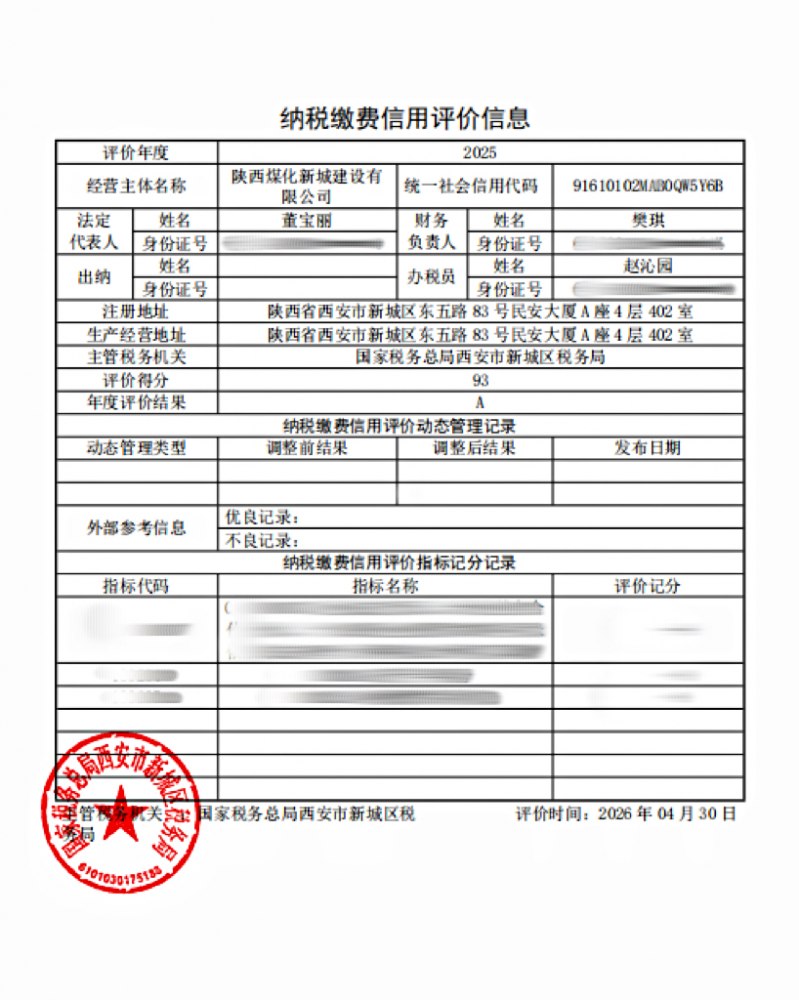 陕煤建设新城公司：首次获评全国纳税信用A级企业